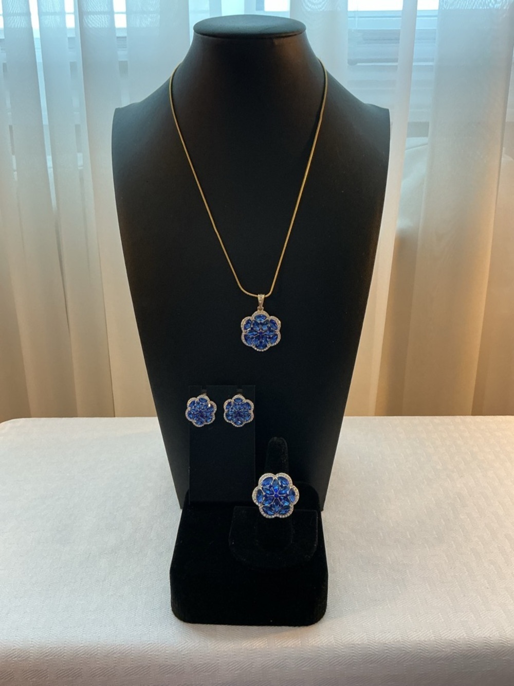 Sapphire Lab Created and Rhinestone Gold Tone Necklace, Earrings and Ring Set
